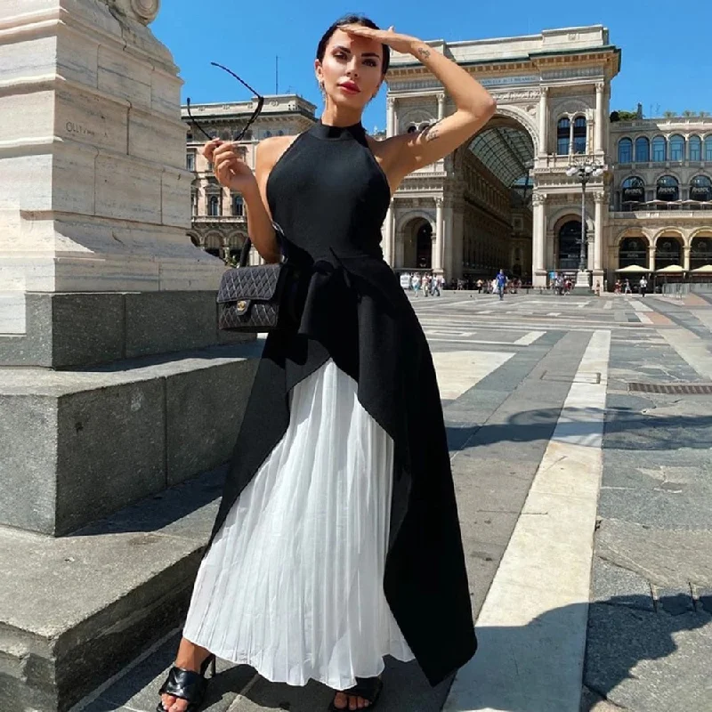 Black Ruched Patchwork Stitching Evening Prom Long Dresses Tunics Distressed trendy
