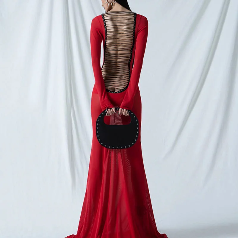 Backless strappy long-sleeved extra-long dress Tunics Corduroy durable