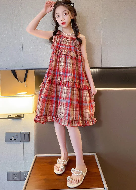 Beautiful Red Slash Neck Ruffled Plaid Patchwork Girls Slip Long Dress Summer Tunics Stylish modern Beautiful Red Slash Neck Ruffled Plaid Patchwork Girls Slip Long Dress Summer Tunics Stylish modern