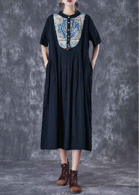 Black Print Linen Long Dresses Stand Collar Button Down Summer Tunics Hiking breathable