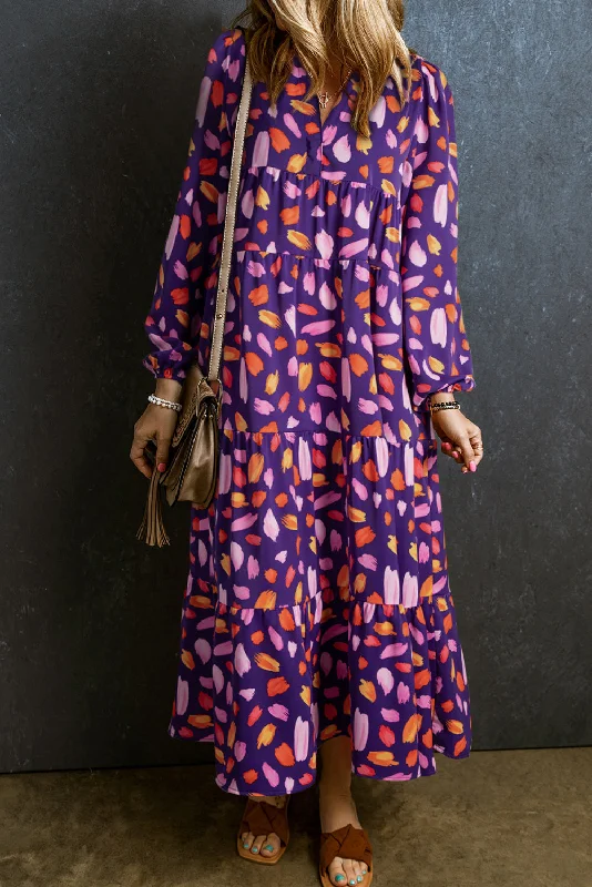 Blue Petal Collared Tiered Flowy Long Dress Tunics Cozy comfortable