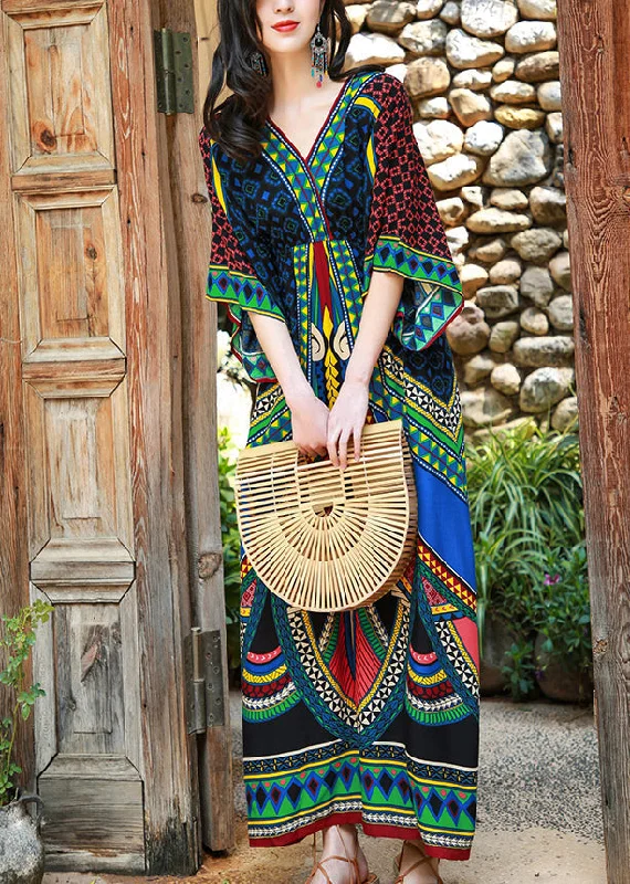 Bohemian Green V Neck Print Patchwork Cotton Long Dresses Batwing Sleeve Tunics Yoga stretchy Bohemian Green V Neck Print Patchwork Cotton Long Dresses Batwing Sleeve Tunics Yoga stretchy