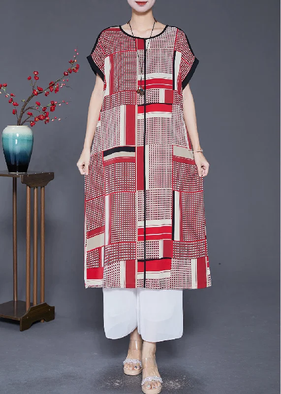 Bohemian Red Oversized Print Silk Long Dress Summer Tunics Gym athletic