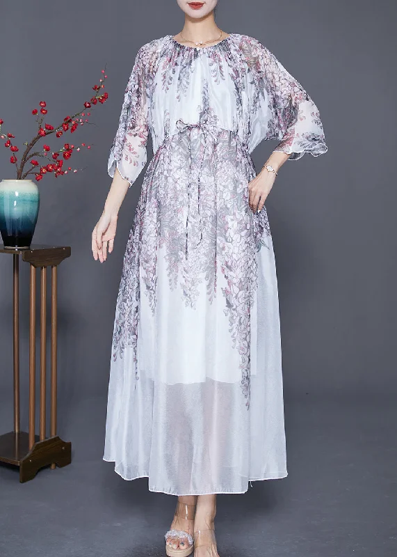 Bohemian White Cinched Print Silk Long Dress Summer Tunics Seasonal trendy