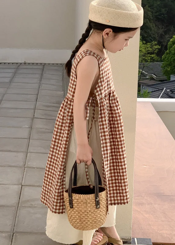 Boho Coffee Plaid Square Collar Side Open Tie Waist Cotton Kids Girls Long Dress Summer Tunics Recommended stylist Boho Coffee Plaid Square Collar Side Open Tie Waist Cotton Kids Girls Long Dress Summer Tunics Recommended stylist