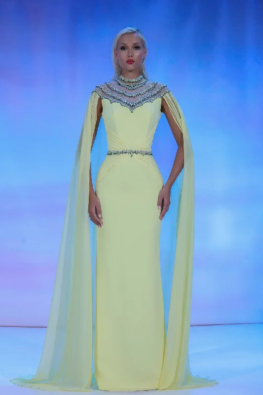 Cape sleeves crepe dress with beads Tunics Bridal satin