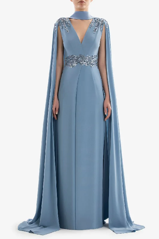 Cape sleeves crepe dress with embroidery Tunics Luxurious premium