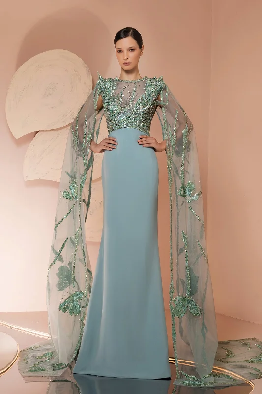Cape sleeves embroidered crepe dress Square Neckline Feminine