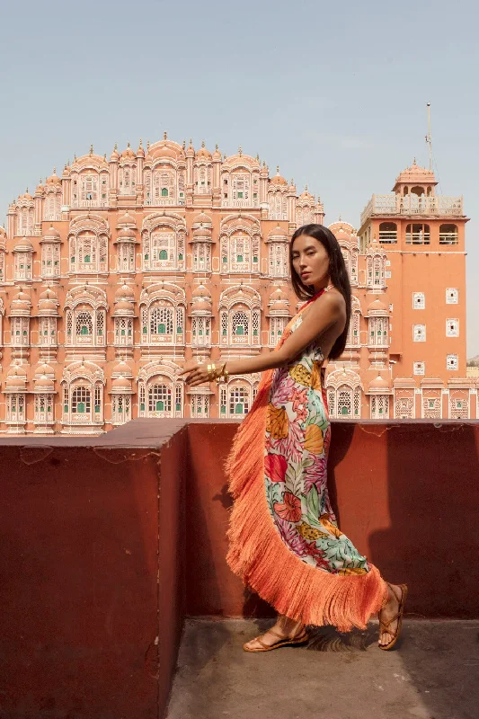 CAPRI LONG DRESS TAHITI PRINT / ORANGE FRINGES Tunics Cozy soft