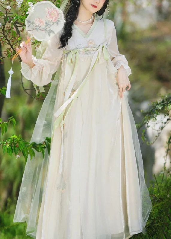 Chinese Style Beige Embroideried Lace Up Patchwork Chiffon Long Dresses Summer Tunics Fleece cozy Chinese Style Beige Embroideried Lace Up Patchwork Chiffon Long Dresses Summer Tunics Fleece cozy