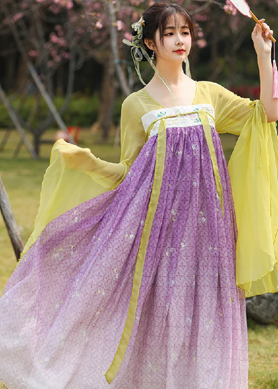 Chinese Style Colorblock Embroideried Lace Up Patchwork Chiffon Long Dresses Summer Tunics Designer luxury