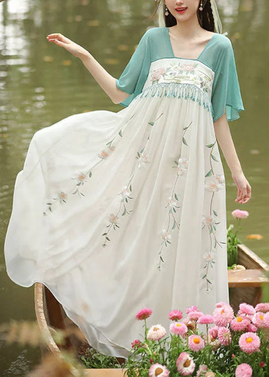 Chinese Style Green Embroideried Tasseled Patchwork Chiffon Long Dresses Summer Tunics Hiking breathable Chinese Style Green Embroideried Tasseled Patchwork Chiffon Long Dresses Summer Tunics Hiking breathable