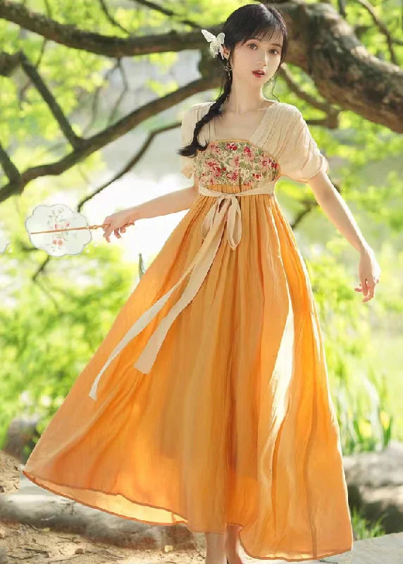 Chinese Style Orange Embroideried Tie Waist Patchwork Chiffon Long Dresses Summer Tunics Top rated Chinese Style Orange Embroideried Tie Waist Patchwork Chiffon Long Dresses Summer Tunics Top rated