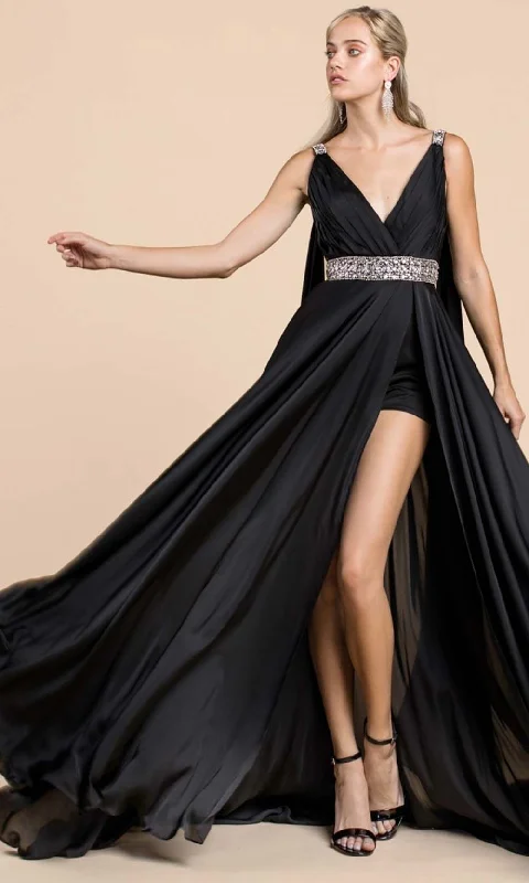 Cinderella Divine - A0065 Satin High Slit Caped Evening Gown Tunics Leisure comfortable
