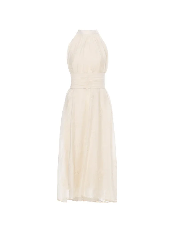 Cream halter neck long dress Crew Neckline Casual