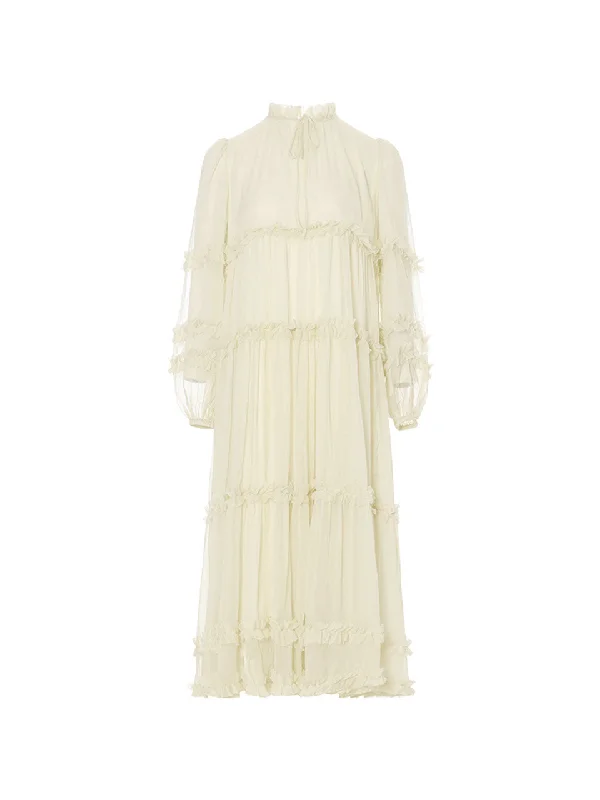 Creamy ruffle long dress Tunic Top Casual