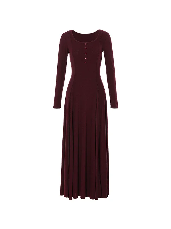 Deep wine round long dress Pencil Office Professional