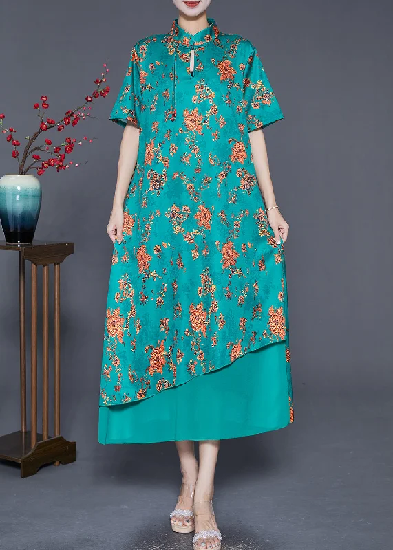 DIY Green Tasseled Print Silk Long Dress Summer Maxi Flowy Bohemian