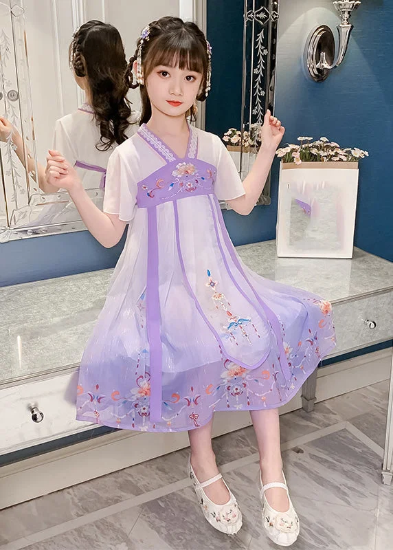 DIY Purple Embroideried Tassel Tulle Girls Long Dresses Summer Square Neckline Feminine