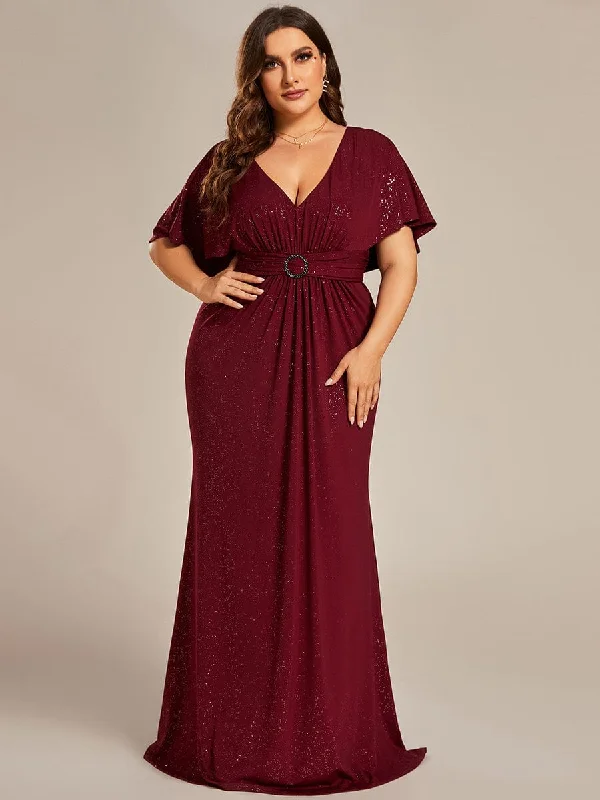 Shimmering Deep V Neck Pleated Evening Gown With Waist Belt Tunics Brand named