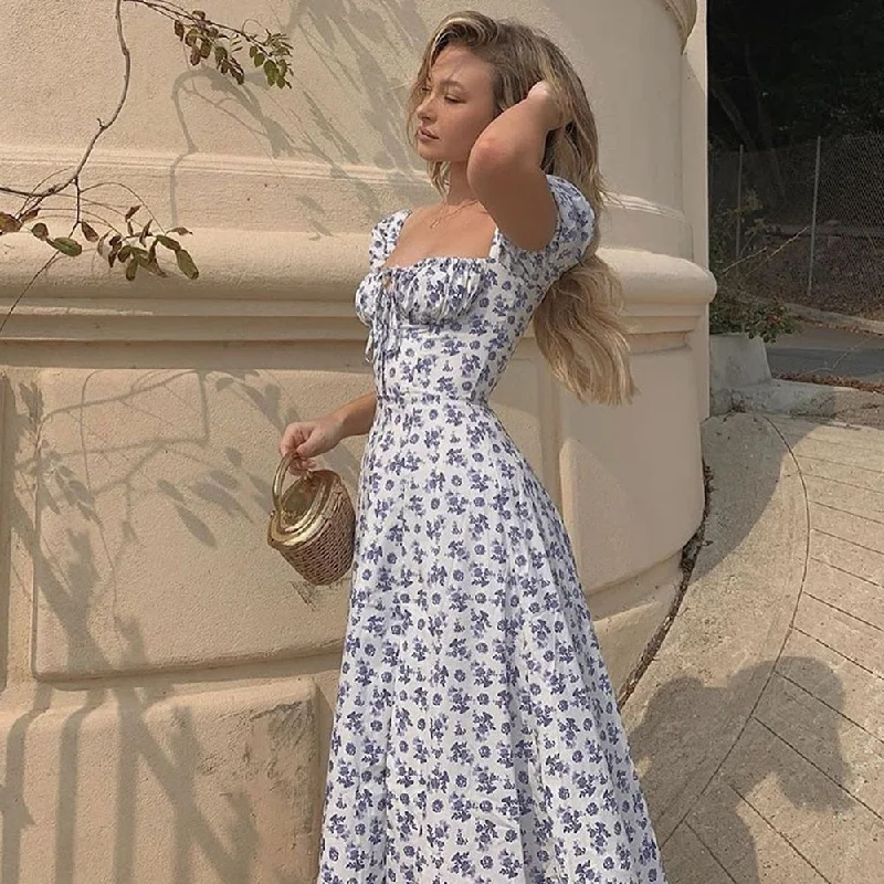 Dress Summer Fashion White Ladies Backless Clothes Puff Sleeve Floral Print Slit Long Dresses For Women New Arrival 2021 Tunics Trendy modern