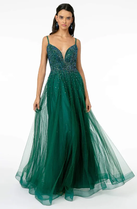 Elizabeth K - GL2891 Beaded Bodice Illusion Deep V-Neck Long Dress Tunics Sale discount