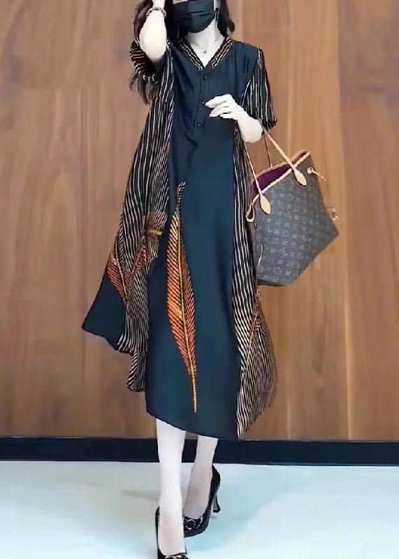 Fashion Black V Neck Print Patchwork Silk Long Dresses Summer Boat Neckline Classic