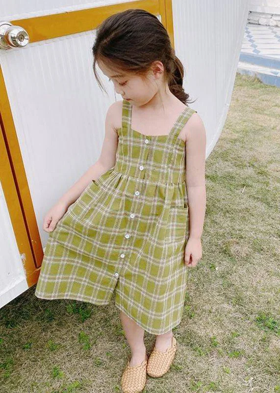 Fashion Green Square Collar Plaid Patchwork Button Girls Long Dress Sleeveless Tunics Bestseller popular Fashion Green Square Collar Plaid Patchwork Button Girls Long Dress Sleeveless Tunics Bestseller popular