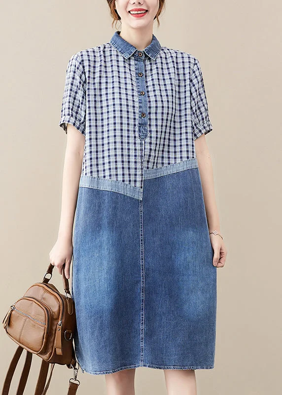 Fitted Blue Peter Pan Collar Patchwork Plaid Denim Long Dress Summer Tunics Summer linen