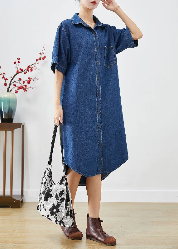 Fitted Navy Peter Pan Collar Slim Fit Denim Long Dresses Summer Tunics Top rated