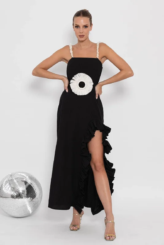 FRANCINE LONG DRESS BLACK WITH RAFFIA BELT Tunics Solid Classic