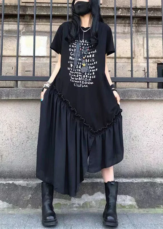 French Black Ruffled Print Patchwork Cotton Long Dresses Summer Tunics Denim casual