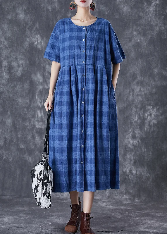 French Blue Plaid Button Down Linen Long Dresses Summer Tunics Spring floral