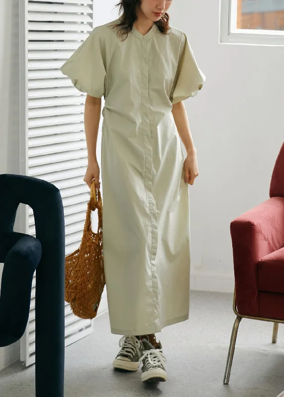 French Khaki Stand Collar Slim Cotton Long Dress Short Sleeve Tunics Solid Classic