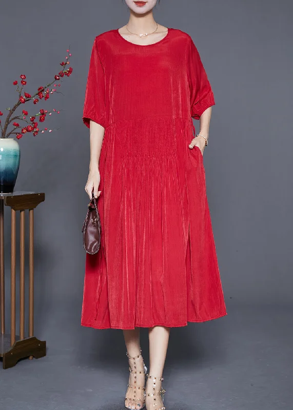 French Red Wrinkled Tie Waist Linen Long Dresses Summer Turtleneck Warm Winter