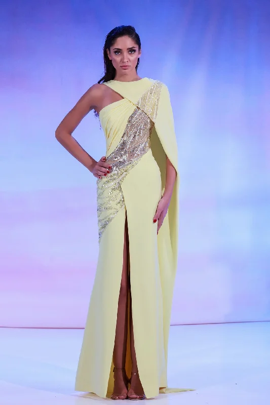 Front slit crepe dress featuring side cape Tunics Ceremony elegant