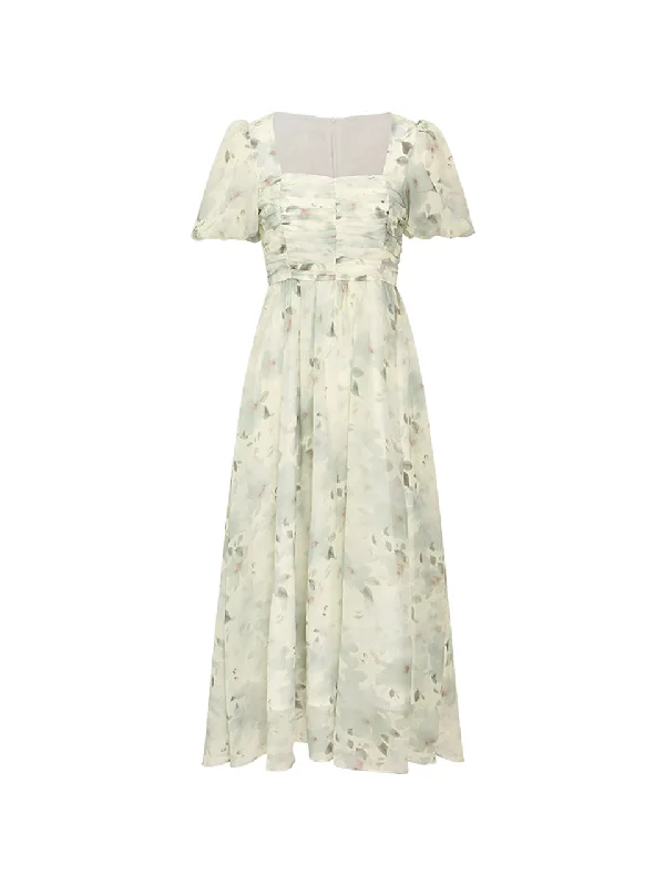Greenery puff long dress Tunics Lace romantic