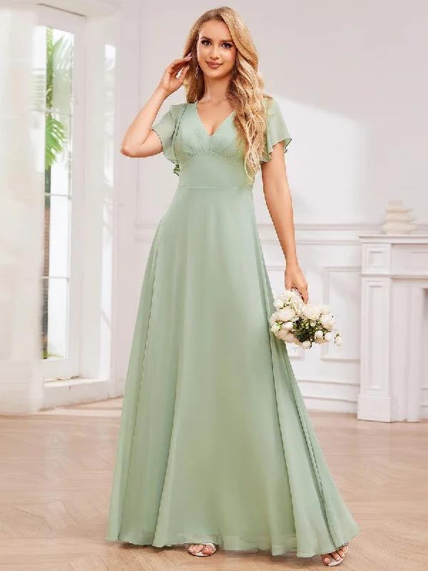 High-Waist Pleated V-Neck Bridesmaid Dress with Cross-Tie Back Boatneck Modish Everyday