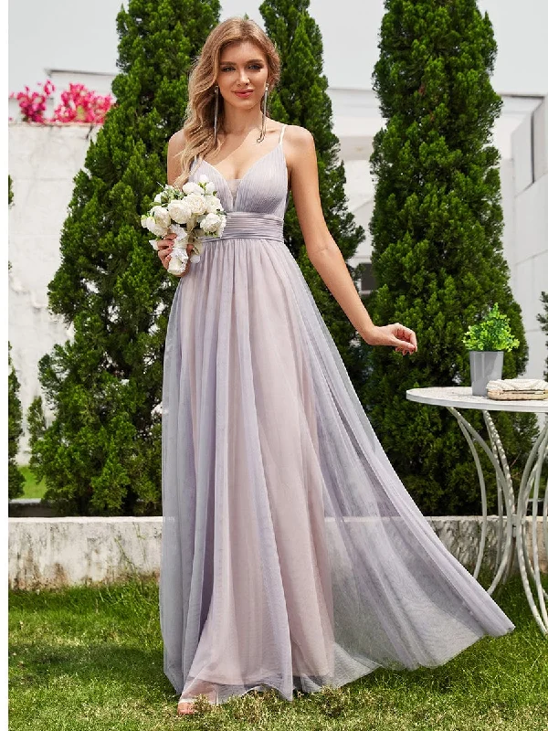 High-Waisted Backless See-Through Tulle Bridesmaid Dress with V-Neck Tunics Review highly