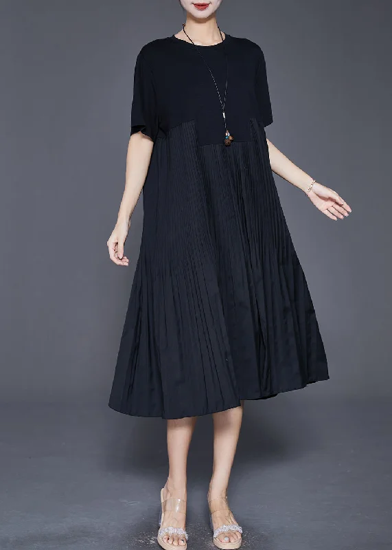 Italian Black Oversized Patchwork Wrinkled Long Dresses Summer Tunics Chic fashionable