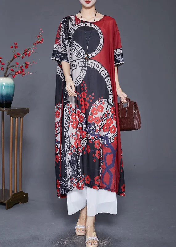 Italian Black Red Oversized Print Silk Long Dresses Summer Tunics Evening elegant