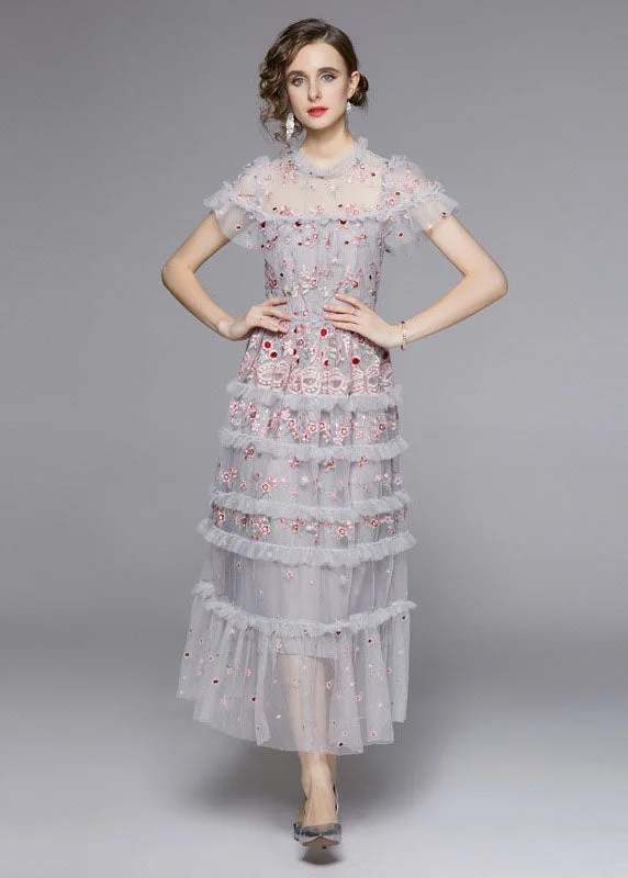 Italian Grey Embroideried Ruffled Patchwork Tulle Long Dresses Summer Tunics Timeless classic