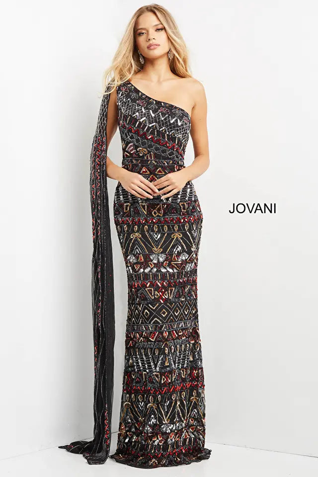 Jovani -08450 Asymmetric with Shoulder Cape Long Dress Tunics Ceremony elegant
