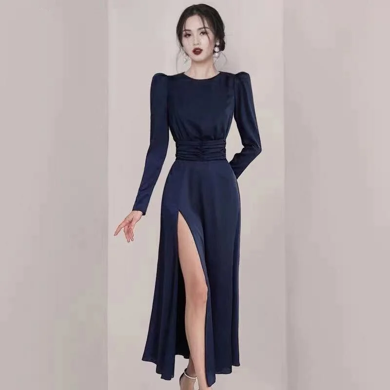 Solid Color O Neck Sexy Backless Bow Split Long Dress Tunics Gym athletic