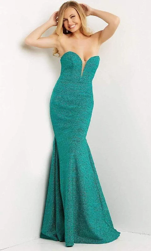 JVN by Jovani - JVN08176 Strapless Plunging Neck Glitter Jersey Long Dress Tunics Floral girly