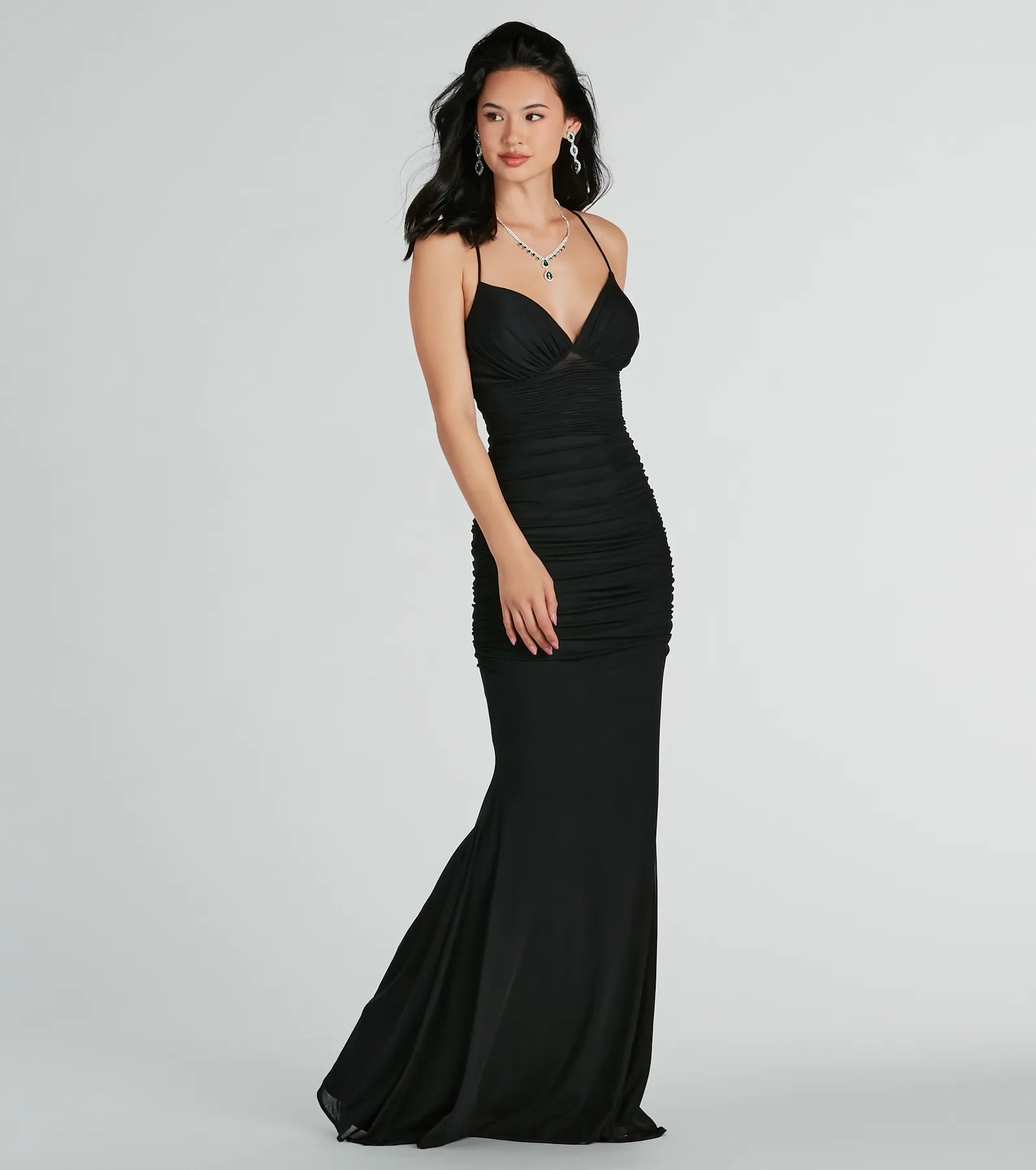 Lexi Formal Mesh Lace-Up Mermaid Long Dress Crew Neckline Sporty
