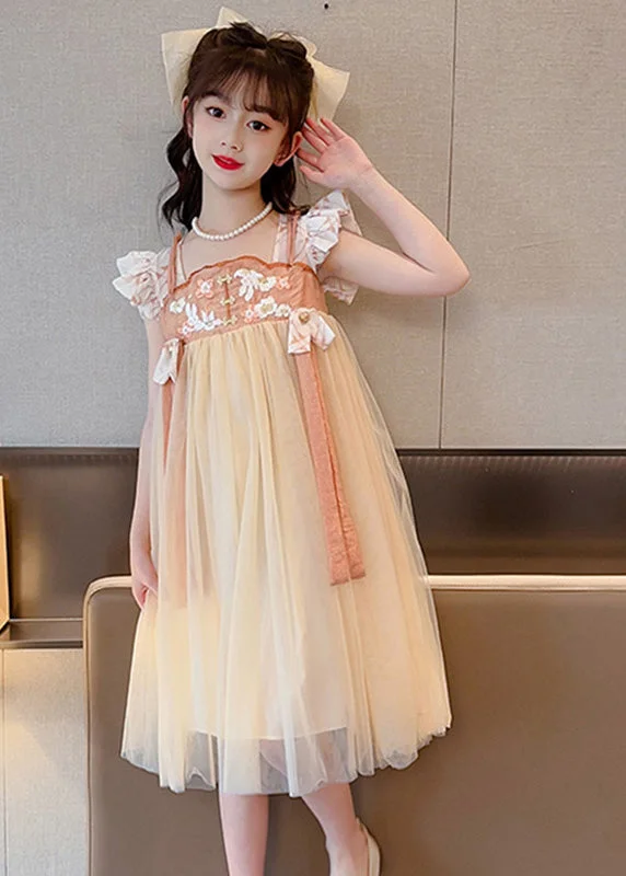 Light Yellow Square Collar Patchwork Tulle Girls Long Dresses Summer Tunics Practical easy-care Light Yellow Square Collar Patchwork Tulle Girls Long Dresses Summer Tunics Practical easy-care