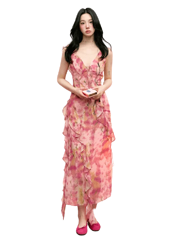 French Style Asymmetric Ruffle Floral Printed Long Dress Tunics Practical easy-care