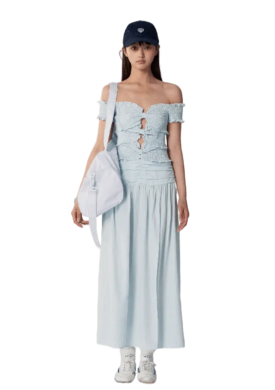 Blue Off-Shoulder Bow-Detail Pleated Long Dress Tunics Fashionable trendy