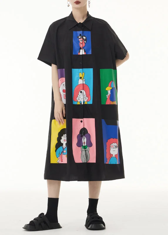 Loose Black Print Button Patchwork Cotton Shirts Long Dresses Summer Tunics Luxurious high-end Loose Black Print Button Patchwork Cotton Shirts Long Dresses Summer Tunics Luxurious high-end
